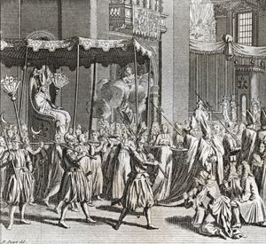 Inauguración solemne del pontificado: la quema de un paño, grabado de 