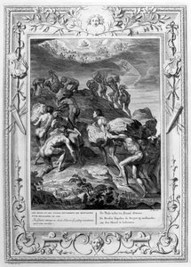 Los gigantes intentan escalar el Cielo apilando montañas una sobre otra, 1733 de Bernard Picart