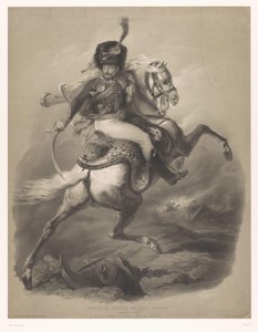 Oficial de asalto a caballo Le chasseur de la garde (título sobre objeto) Nuevas litografías con dos tipos de tiza (título de la serie) Nouveaux groups aux deux crayons (título de serie en el objeto) de Bernard Romain Julien