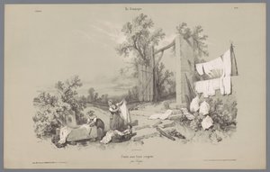 Dos mujeres y una niña lavan la ropa afuera. Representaciones de la vida rural (título de la serie) La Campaña. Etudes varieés aux deux Crayons (título de la serie sobre el objeto)