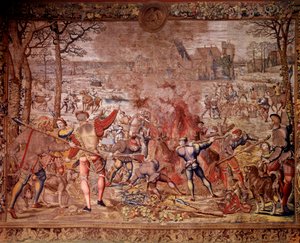 Las cacerías de Maximiliano: el mes de enero, Acuario, caza de jabalí, flambee, curee - Tapiz hecho en los talleres flamencos por Bernard van Orley de Bernard van (after) Orley