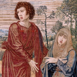 Tapiz flamenco. Serie Dais de Carlos V (Baldaquino de Margarita de Austria). Cristo de la Misericordia. Panel de tapicería detrás del estrado. Modelo Bernard van Orley (1491-1542). Fabricación Pieter de Pannemaker, Bruselas. 1518-1524. Tejido G de Bernard van Orley
