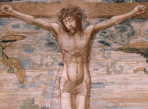 Tapiz flamenco. Serie Dais de Carlos V (Baldaquino de Margarita de Austria). Cristo de la Misericordia. Panel de tapicería detrás del estrado. Modelo Bernard van Orley (1491-1542). Fabricación Pieter de Pannemaker, Bruselas. 1518-1524. Tejido G