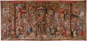 Tapiz flamenco. Serie Los Honores. Fe (La Fe). Primer tapiz de la serie. Dibujantes modelo del círculo de Bernard van Orley y Jan Gossaert (Mabuse). Fabricación Pieter van Aelst, Bruselas. Ca 1550. Tejido Oro, plata, seda y lana.