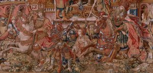 Tapiz flamenco. Serie Los Honores. Fama (La Fama). Tercer tapiz de la serie. Dibujantes modelo del círculo de Bernard van Orley y Jan Gossaert (Mabuse). Fabricación Pieter van Aelst, Bruselas. Ca 1550. Tejido Oro, plata, seda y lana. de Bernard van Orley