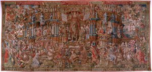 Tapiz flamenco. Serie Los Honores. Fama (La Fama). Tercer tapiz de la serie. Dibujantes modelo del círculo de Bernard van Orley y Jan Gossaert (Mabuse). Fabricación Pieter van Aelst, Bruselas. Ca 1550. Tejido Oro, plata, seda y lana. de Bernard van Orley