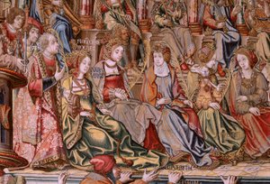 Tapiz flamenco. Serie Los Honores. Honor (El Honor). Segundo tapiz de la serie. Dibujantes modelo del círculo de Bernard van Orley y Jan Gossaert (Mabuse). Fabricación Pieter van Aelst, Bruselas. Ca 1550. Tejido Oro, plata, seda y lana.