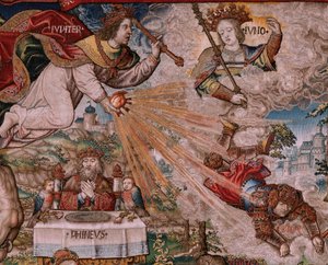 Tapiz flamenco. Serie Los Honores. Justicia (La Justicia, Los Honores). Noveno tapiz de la serie. Dibujantes modelo del círculo de Bernard van Orley y Jan Gossaert (Mabuse). Fabricación Pieter van Aelst, Bruselas. Ca 1550. Tela Oro, plata,