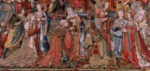 Tapiz flamenco. Serie Los Honores. Justicia (La Justicia, Los Honores). Noveno tapiz de la serie. Dibujantes modelo del círculo de Bernard van Orley y Jan Gossaert (Mabuse). Fabricación Pieter van Aelst, Bruselas. Ca 1550. Tela Oro, plata, de Bernard van Orley