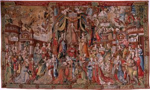 Tapiz flamenco. Serie Los Honores. Justicia (La Justicia, Los Honores). Noveno tapiz de la serie. Dibujantes modelo del círculo de Bernard van Orley y Jan Gossaert (Mabuse). Fabricación Pieter van Aelst, Bruselas. Ca 1550. Tela Oro, plata, de Bernard van Orley