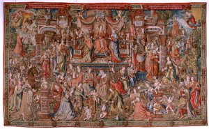 Tapiz flamenco. Serie Los Honores; Prudencia (La Prudencia). Séptimo tapiz de la serie. Dibujantes modelo del círculo de Bernard van Orley y Jan Gossaert (Mabuse). Fabricación Pieter van Aelst, Bruselas. Ca 1550. Tela de oro, plata, seda y w de Bernard van Orley