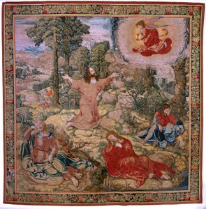 Tapiz flamenco. Serie La pasión de Cristo. Cristo en el Monte de los Olivos. Fabricación Pieter de Pannemaeker, Bruselas. El dibujante Barend van Orley. hacia 1518-1522. de Bernard van Orley