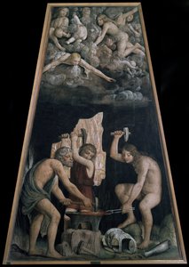 Armas divinas forjadas en la fragua de Vulcano frente a algunos ángeles acostados en las nubes, detalle (fresco). de Bernardino Luini