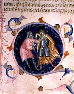 Miniatura de dos hombres discutiendo, de la Biblia de Carlos V de Valois (vitela) de Bernardino da Modena
