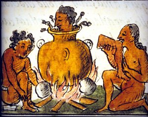 Canibalismo ritual entre los aztecas. Manuscrito de Bernardino de Sahagún. Siglo XVII. (detalle) de Bernardino de Sahagun