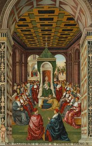 Enea Piccolomini ante el Papa Eugenio IV de Bernardino di Betto (after) Pinturicchio