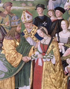 Eneas Silvio Piccolomini (1405-64) presenta a Eleonora de Aragón a Federico III (1415-93) de Bernardino di Betto Pinturicchio