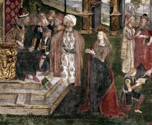 (detalle) de la disputa de Santa Catalina de Alejandría con el filósofo, frente al Emperador Romano Majencio de Bernardino di Betto Pinturicchio