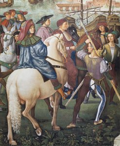 Enea Silvio Piccolomini partiendo hacia Basilea en calidad de secretario del Obispo de Ferrara, detalle de las Historias de Pío II de Bernardino di Betto Pinturicchio