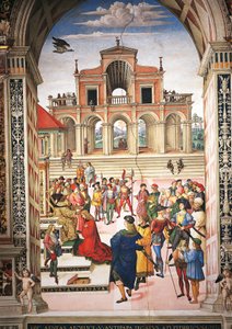 Italia, Siena, Catedral, Biblioteca Piccolomini, Enea Silvio Piccolomini siendo nombrado poeta laureado por el Emperador Federico III, (detalle) de Historias de Pío II de Bernardino di Betto Pinturicchio