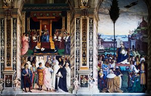 Pío II llegando a Ancona para iniciar la cruzada, fresco por Pinturicchio, Biblioteca Piccolomini, Catedral de Siena, Toscana, Italia de Bernardino di Betto Pinturicchio