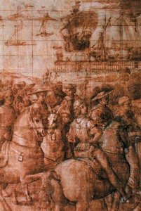 Viñeta preparatoria para "Eneas Sylvius Piccolomini (1405-64) Viajes al Concilio de Basilea" (pluma y tinta sobre papel) (detalle) de Bernardino di Betto Pinturicchio