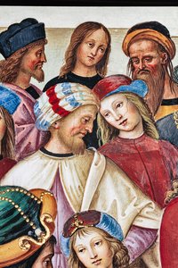 Biblioteca Piccolomini, pared noreste: "Eneas Silvio pronuncia un discurso ante el rey Jaime I de Escocia, invierno de 1435" de Bernardino di Betto Pinturicchio