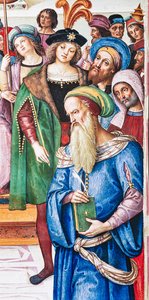 Biblioteca Piccolomini, pared noreste: "Eneas Silvio pronuncia un discurso ante el rey Jaime I de Escocia, invierno de 1435"