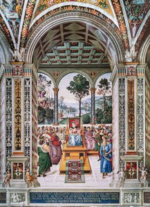 Biblioteca Piccolomini, pared noreste: "Eneas Silvio pronuncia un discurso ante el rey Jaime I de Escocia, invierno de 1435" de Bernardino di Betto Pinturicchio