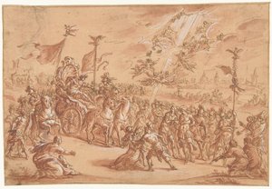 Un santo obispo se arrodilla junto a la procesión de un imperator romano de Bernardo Castello (attributed to)