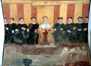 El Dogo de Génova Giacomo Durazzo Grimaldi (circa 1503-1579) rodeado de senadores. Fresco de Bernardo Castello (1557-1629) siglo XVI Génova, Museo di Sant 