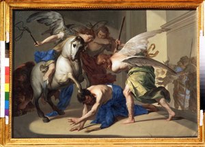"La expulsión de Heliodoro del templo" Heliodoro (Heliodoros) es expulsado del templo por haber intentado, a instancias de su gobernante, apoderarse de los tesoros del templo de Jerusalén. Pintura de Bernardo Cavallino