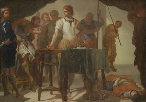 Mucio Escévola confrontando al rey Porsena de Bernardo Cavallino