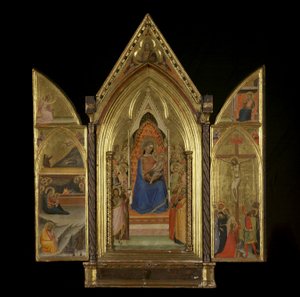 La Virgen y el Niño entronizados con santos (panel central) (recto) de Bernardo Daddi