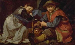 Una niña y un niño con un brasero de Bernardo Eberhart Keilhau