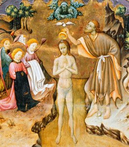 Bautismo de Cristo, detalle de la predela de un retablo de la Catedral de Vic, por Bernat Martorell, arte gótico catalán de Bernardo Martorell