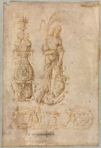 Diseño para un Candelabro, Figura Alegórica de la Abundancia, Diseño de Relieve Ornamental, c. 1490s de Bernardo Parentino