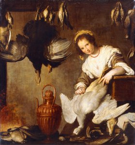La Cuoca - Una criada de cocina desplumando un ganso en un interior de Bernardo Strozzi