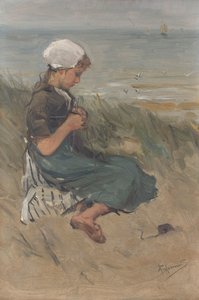 Chica tejiendo en las dunas