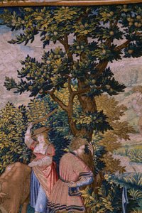 Tapiz flamenco. Serie La fundación de Roma: Faustulus conoce a Rómulo y Remo. Dibujante Barend van Orley (?). Fabricación de Bruselas. 1525-1530. Detalle. de Bernart van (attr. to) Orley