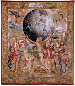 Tapiz flamenco. Serie Las Esferas. Hércules sosteniendo la esfera celeste (Hércules sostiene la esfera celeste). Primer tapiz de la serie. Modelo Barend van Orley o Pieter Coecke van Aelst. 1525-1530. Fabricación Joris Vezeleer (Georg Wezeler)?, B de Bernart van (attr. to) Orley
