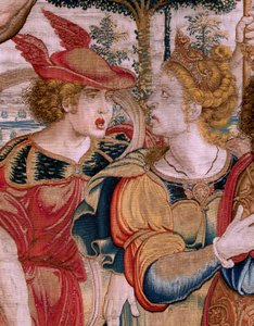 Tapiz flamenco. Serie Las Esferas. Hércules sosteniendo la esfera celeste (Hércules sostiene la esfera celeste). Primer tapiz de la serie. Modelo Barend van Orley o Pieter Coecke van Aelst. 1525-1530. Fabricación Joris Vezeleer (Georg Wezeler)?,