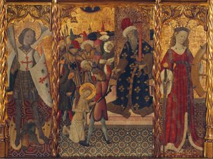 San Miguel y Santa Catalina, enmarcando el martirio de Santa Eulalia de Barcelona (289-304) - Pintura de Bernat Martorell (1390-1452), temple sobre madera (143,5x188 cm), ca. 1442-1445 - San Miguel, Martirio de Santa Eulalia y Santa Catalina, Tem de Bernat Martorelli