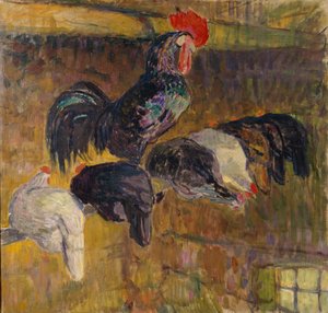 Mañana en el gallinero (óleo sobre lienzo) de Bernhard Dorotheus Folkestad