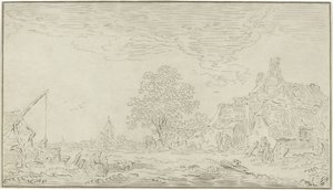 Vista de un pueblo con un pozo a la izquierda de Bernhard Schreuder