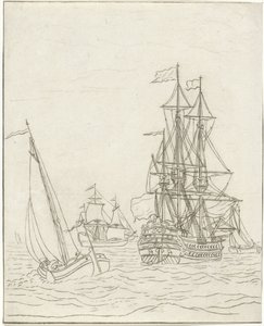 Un buque de guerra y tres veleros en alta mar