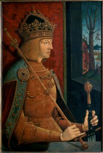 Emperador Maximiliano I, con corona, cetro y espada de Bernhard Strigel
