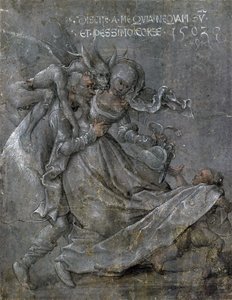 Pareja de enamorados con el Diablo y Cupido