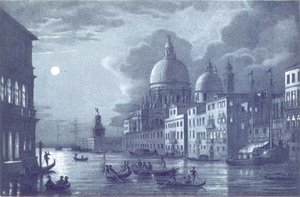 Escena nocturna del Gran Canal y Santa Maria della Salute, Venecia, grabado por Brizeghel