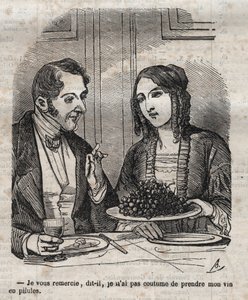 Gracias, no estoy acostumbrado a tomar mi vino en píldoras (uva) - grabado en “La Physiologie du gout” por Jean Anthelme Brillat Savarin de Bertall